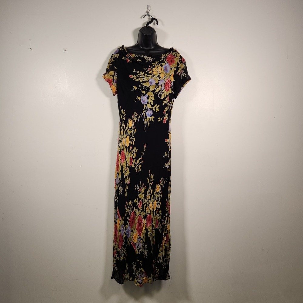 PARADISE NY Floral Maxi Dress Women 12 Black Sequin Vintage 90s Grunge Boho Goth